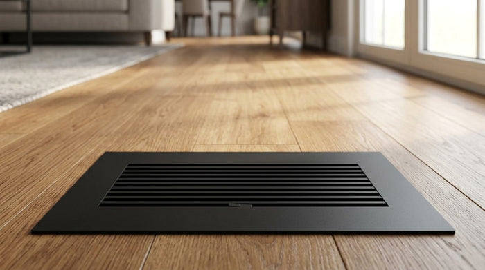 Matte black aluminum floor register installed flush in a hardwood floor