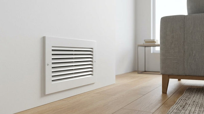 White aluminum return air grille installed on a living room wall