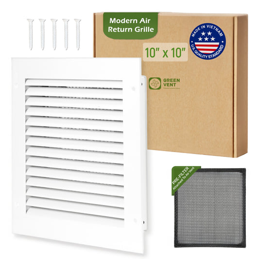 Modern Air Return Grille 10x10 (Duct Opening) - Decorative White Aluminum Air Vent Cover with Washable Mesh Pre-Filter