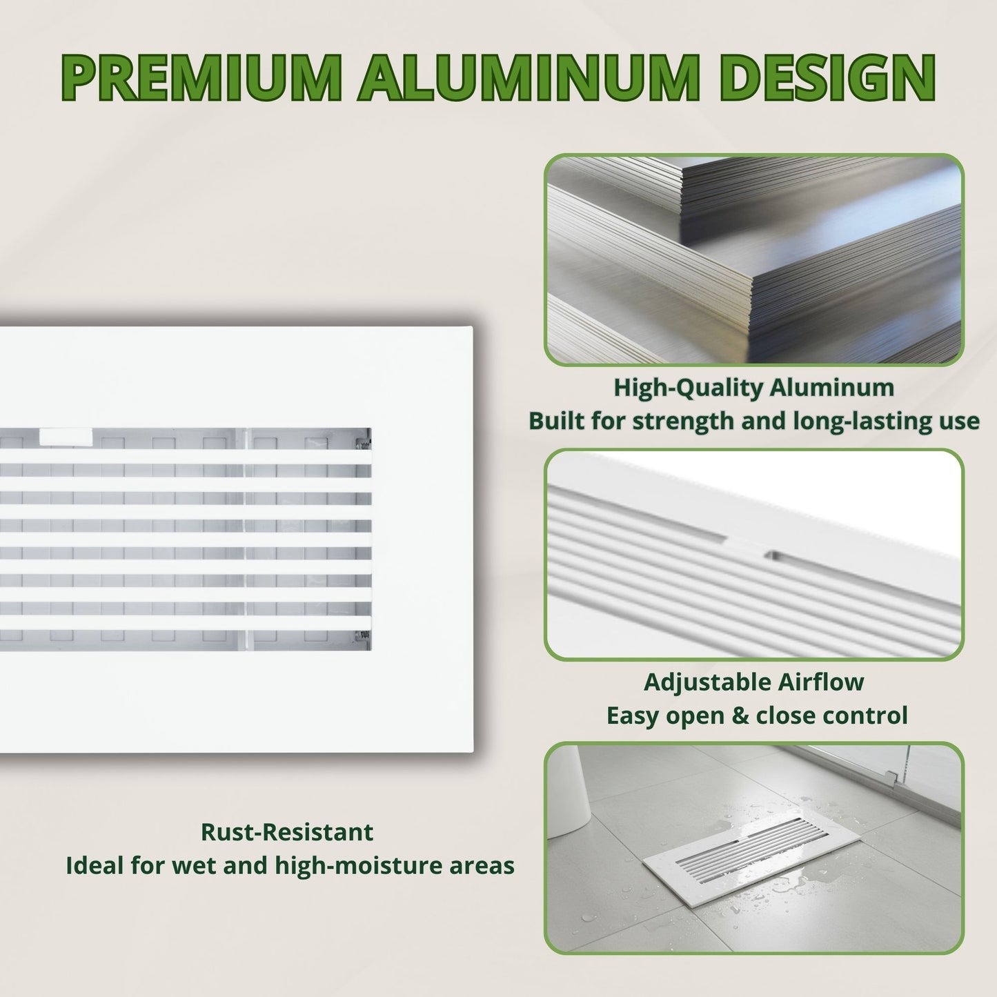 10x4 White Aluminum Floor Register - Modern Design (Duct Opening)