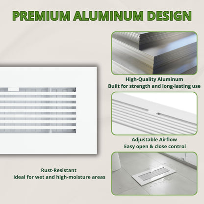 10x4 White Aluminum Floor Register - Modern Design (Duct Opening)