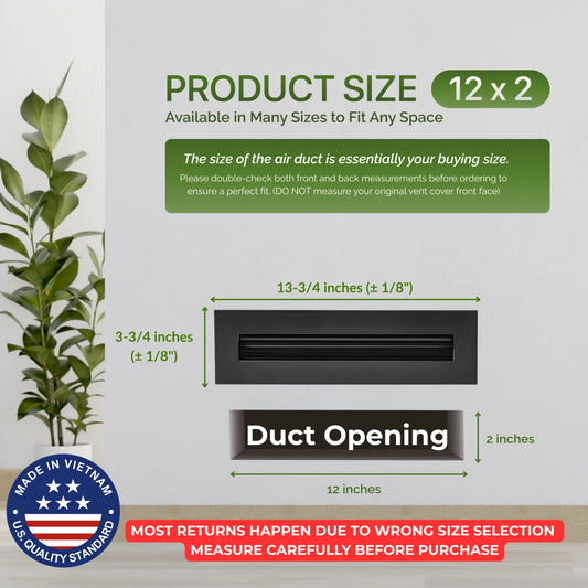 Aluminum Black Linear Slot Diffuser 12x2 (Duct Opening) - Modern Air Vent Cover