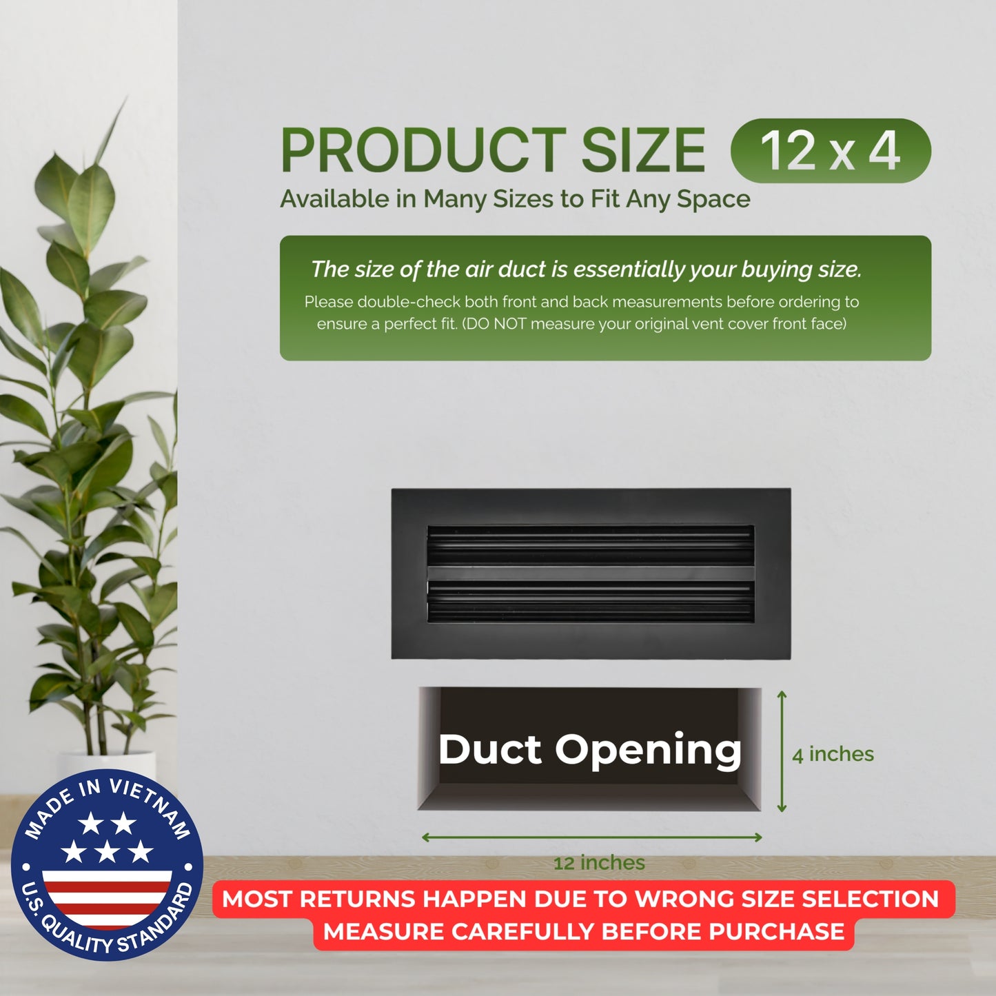 Aluminum Black Linear Slot Diffuser 12x4 (Duct Opening) - Modern Air Vent Cover