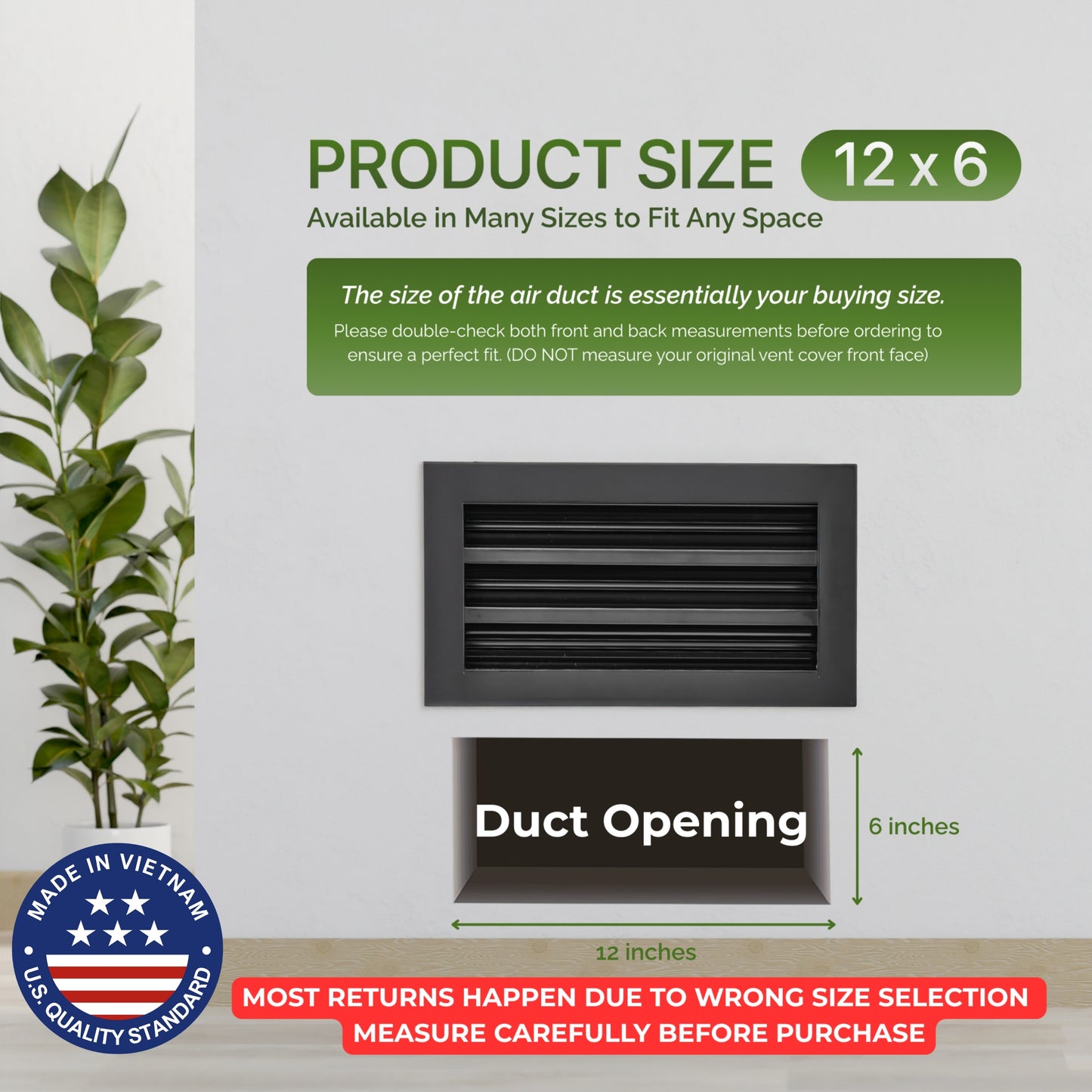 Aluminum Black Linear Slot Diffuser 12x6 (Duct Opening) - Modern Air Vent Cover