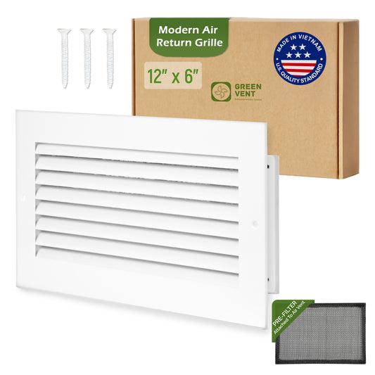 Modern Air Return Grille 12x6 (Duct Opening) - Decorative White Aluminum Air Vent Cover with Washable Mesh Pre-Filter