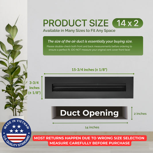 Aluminum Black Linear Slot Diffuser 14x2 (Duct Opening) - Modern Air Vent Cover