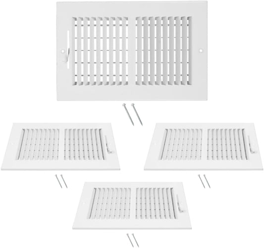 Set of four white rectangular air vents on a white background