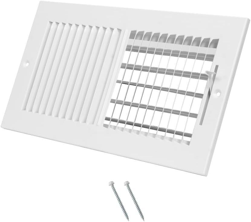 White rectangular ceiling vent with grille and screws on a white background