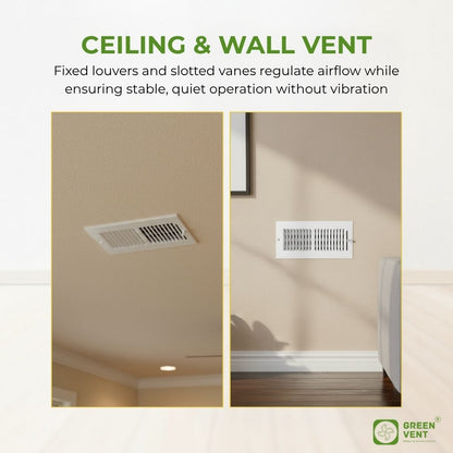 Ceiling and wall vent installation on a beige wall and ceiling with text about airflow regulation.