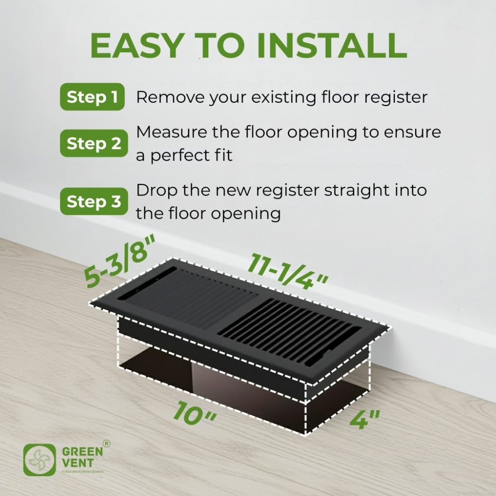 Installation guide for a 4x10 black floor register showing product dimensions and easy three-step setup on a light floor.