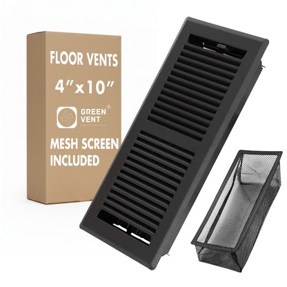 Matte black 4x10 floor register set with a removable mesh filter and product packaging on a white background.