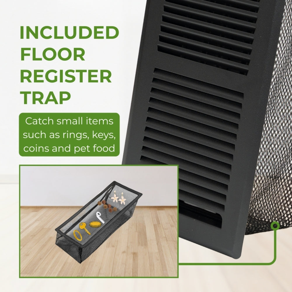 A 4x10 black floor register featuring a removable mesh filter trap to catch small jewelry and household items.