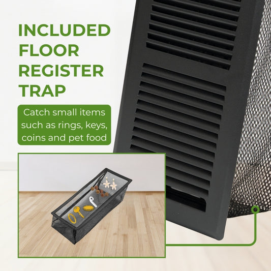 A 4x10 black floor register featuring a removable mesh filter trap to catch small jewelry and household items.