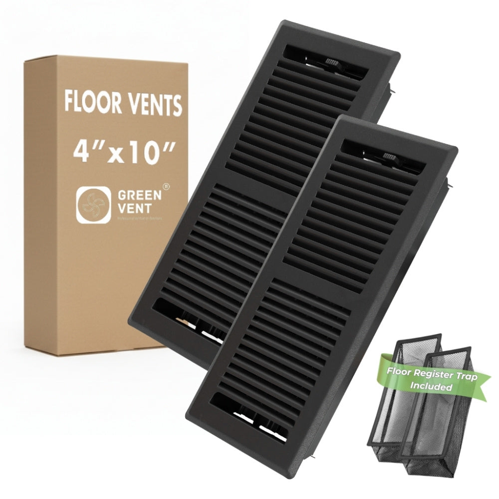 Set of two 4x10 black floor register covers with removable mesh filters for dust and bug protection.