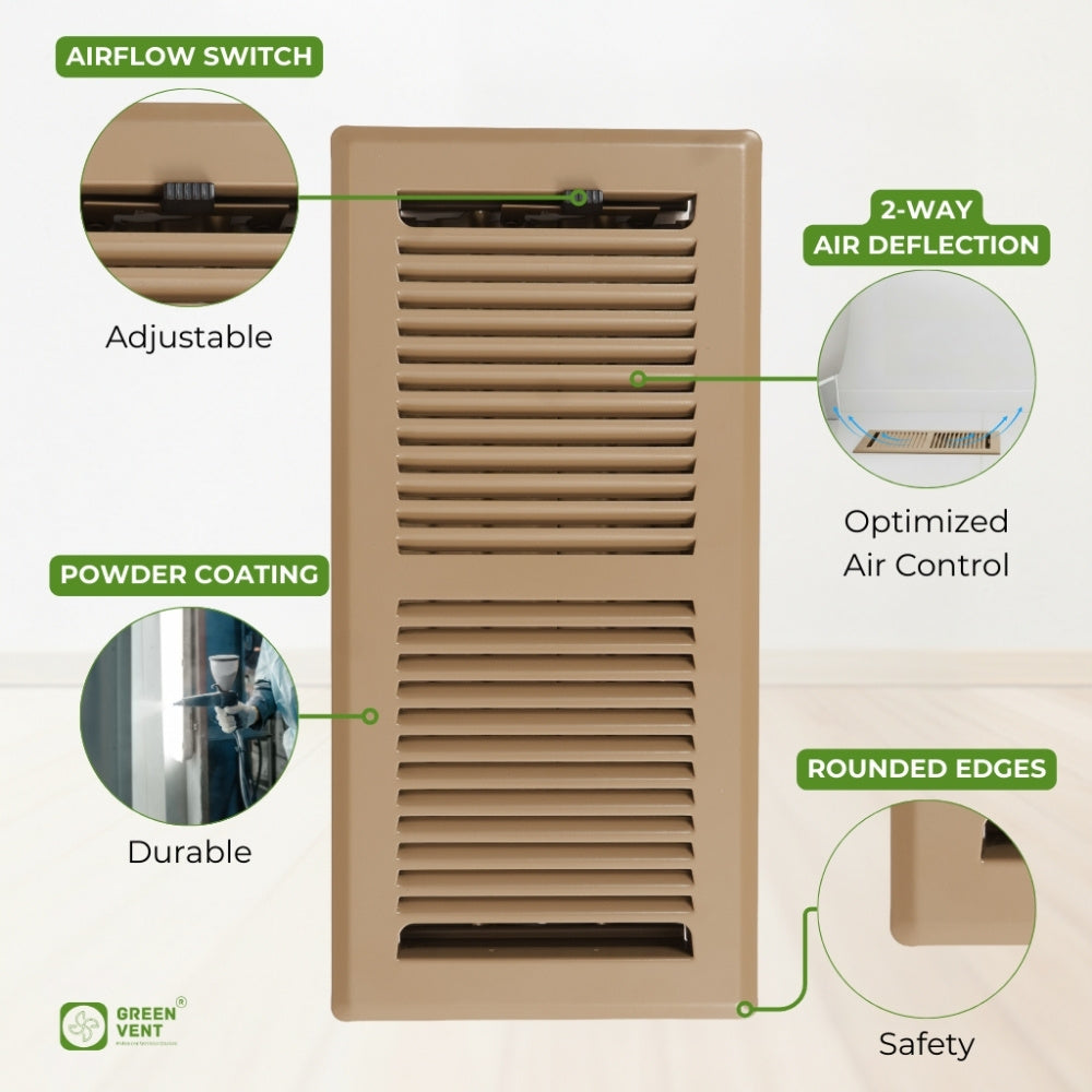 Features of a 4x10 brown floor register including airflow switch, 2-way air deflection, and durable powder coating.