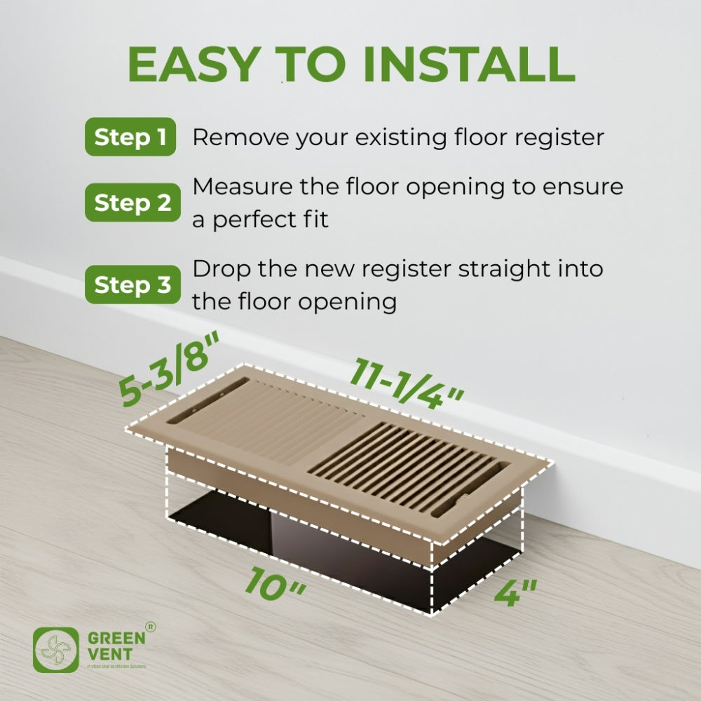 3-step installation guide showing measurements and easy setup for a 4x10 brown floor register on a light wood floor.