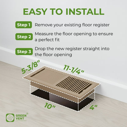 3-step installation guide showing measurements and easy setup for a 4x10 brown floor register on a light wood floor.