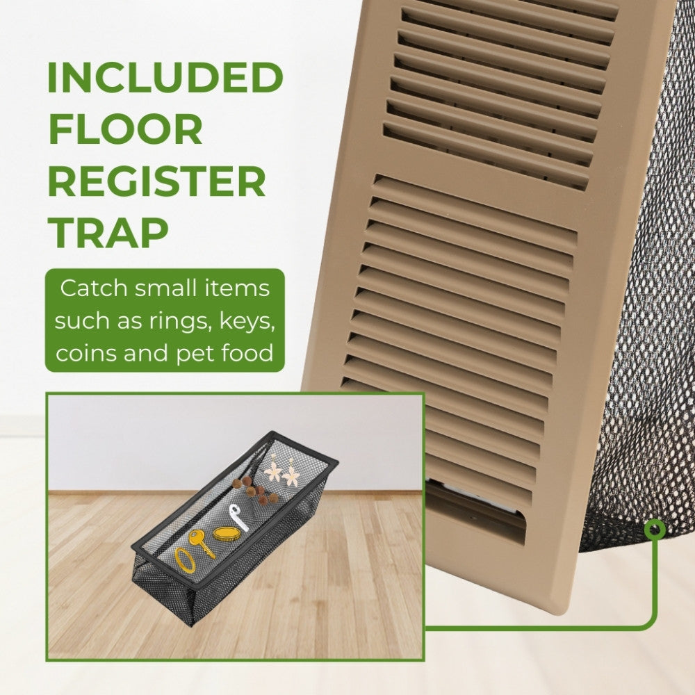 A 4x10 brown floor register featuring a removable mesh trap to catch keys and jewelry on a light wood floor.