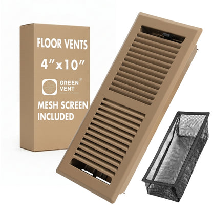 Brown 4x10 floor register shown with its professional packaging and a removable mesh screen for bug protection.