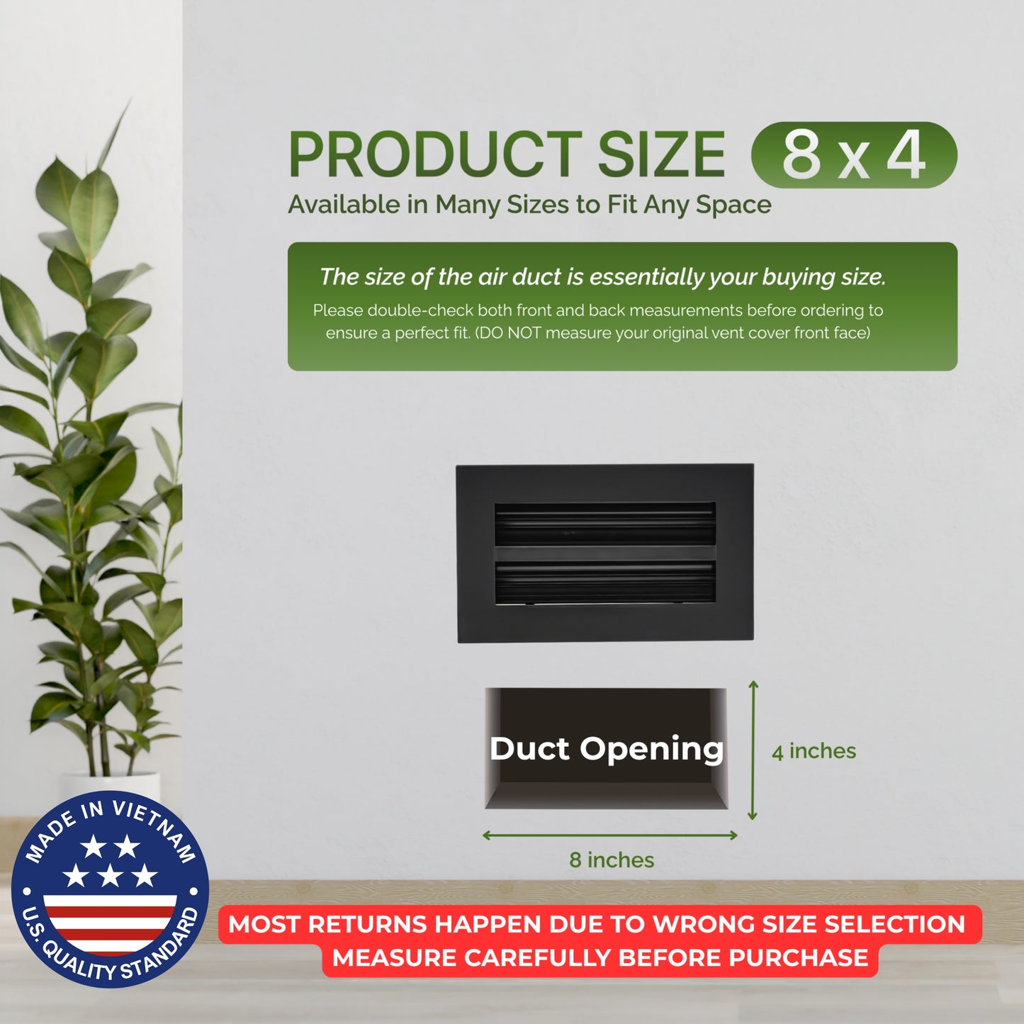 Aluminum Black Linear Slot Diffuser 8x4 (Duct Opening) - Modern Air Vent Cover