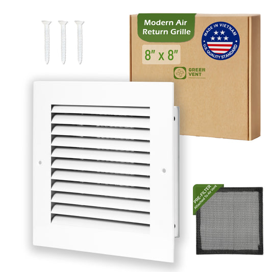 Modern Air Return Grille 8x8 (Duct Opening) - Decorative White Aluminum Air Vent Cover with Washable Mesh Pre-Filter