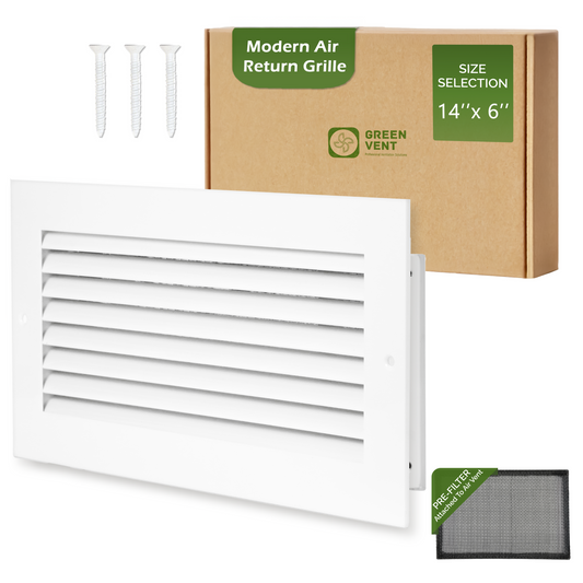 Modern Air Return Grille 14x6 (Duct opening) - Decorative White Aluminum Air Vent Cover with Washable Mesh Pre-Filter