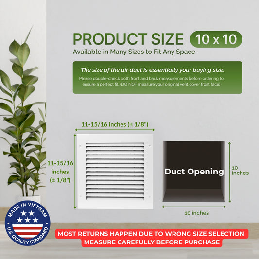 Modern Air Return Grille 10x10 (Duct Opening) - Decorative White Aluminum Air Vent Cover with Washable Mesh Pre-Filter