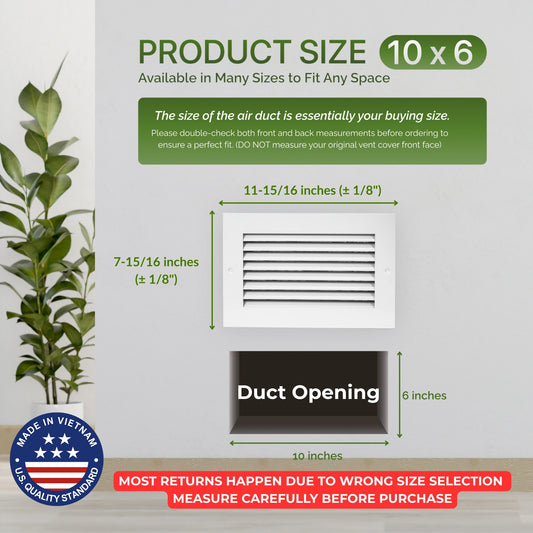 Modern Air Return Grille 10x6 (Duct Opening) - Decorative White Aluminum Air Vent Cover with Washable Mesh Pre-Filter