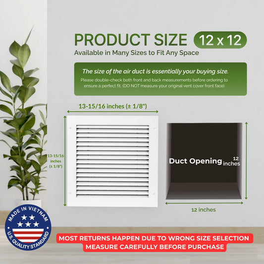 Modern Air Return Grille 12x12 (Duct Opening) - Decorative White Aluminum Air Vent Cover with Washable Mesh Pre-Filter