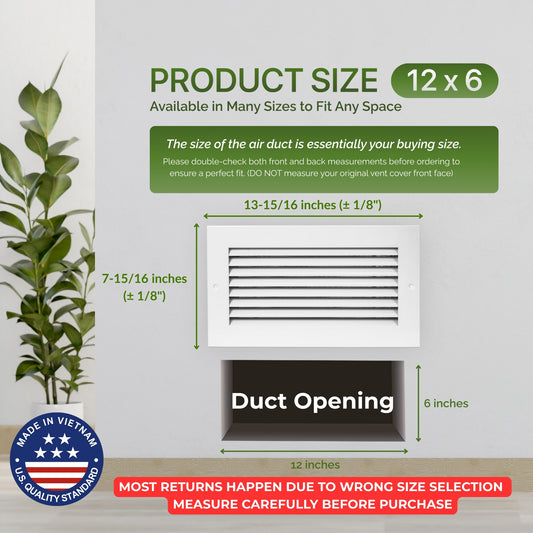 Modern Air Return Grille 12x6 (Duct Opening) - Decorative White Aluminum Air Vent Cover with Washable Mesh Pre-Filter