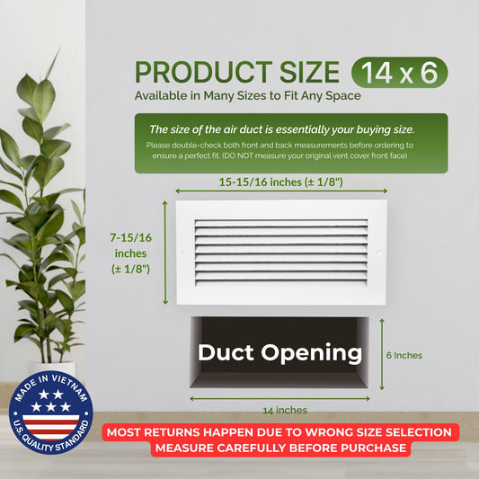 Modern Air Return Grille 14x6 (Duct opening) - Decorative White Aluminum Air Vent Cover with Washable Mesh Pre-Filter