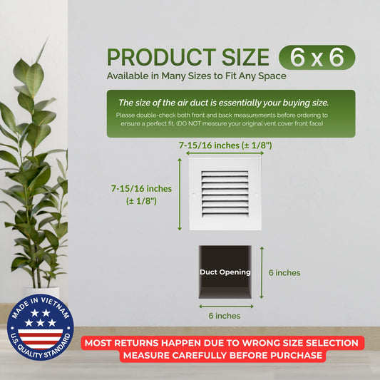 Modern Air Return Grille 6x6 (Duct Opening) - Decorative White Aluminum Air Vent Cover with Washable Mesh Pre-Filter