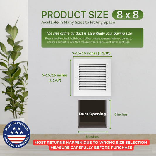 Modern Air Return Grille 8x8 (Duct Opening) - Decorative White Aluminum Air Vent Cover with Washable Mesh Pre-Filter