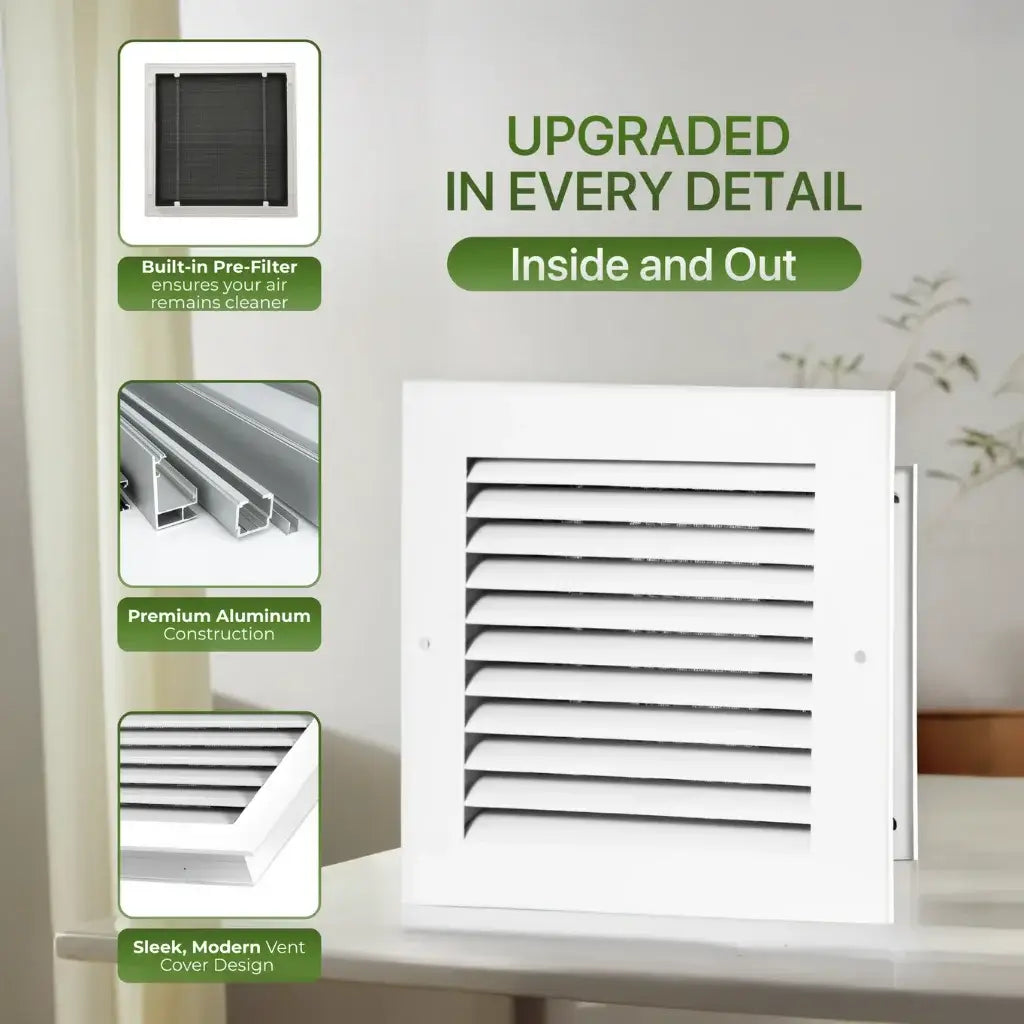 Modern Air Return Grille with features highlighted on a neutral background