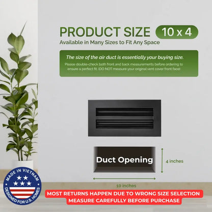 Air duct with dimensions and Aluminum Black Linear Slot Diffuser 10x4 size information on a light gray background