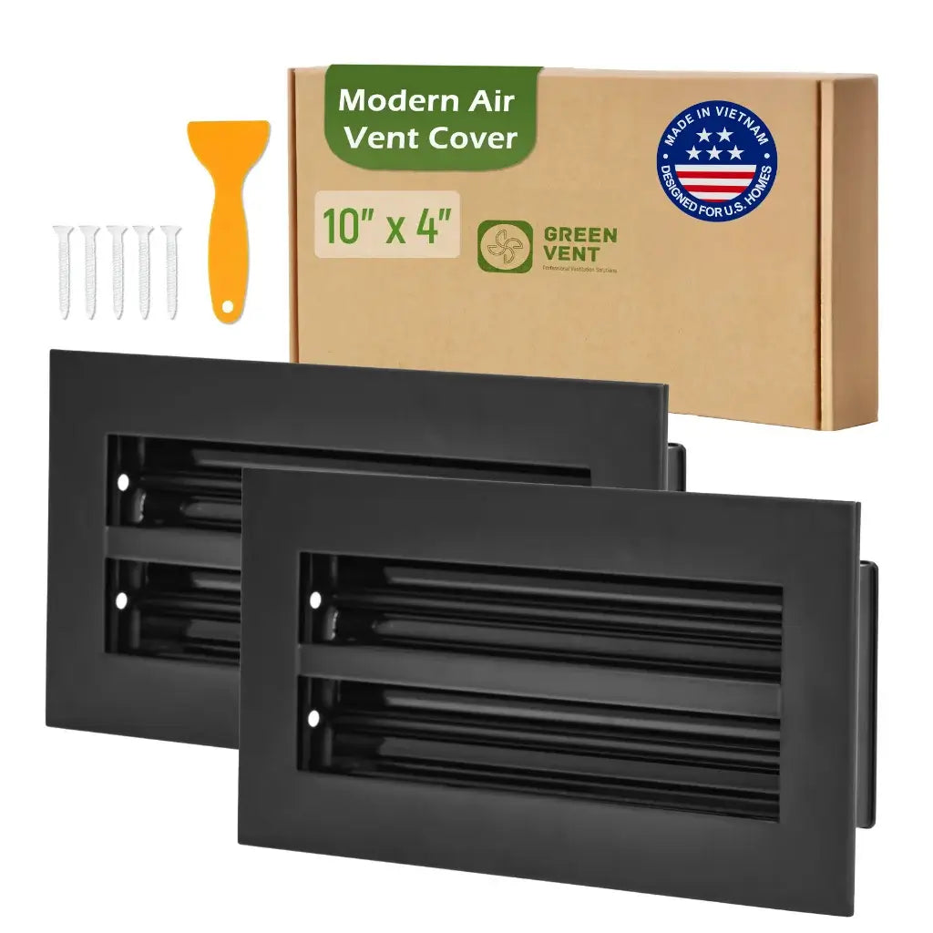 Aluminum Black Linear Slot Diffuser 10x6 pack 2 with packaging labeled 'Modern Air Vent Cover' on a white background