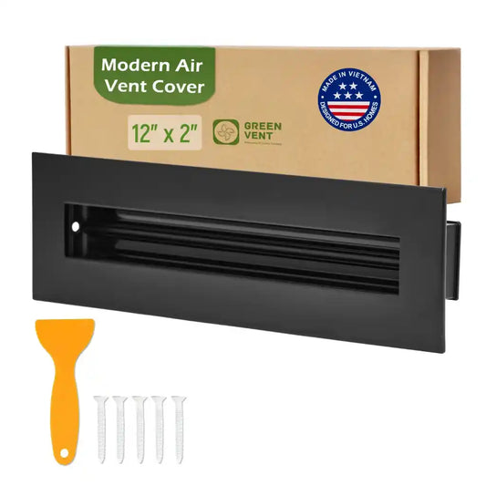 Aluminum Black Linear Slot Diffuser 12x2 with packaging labeled 'Modern Air Vent Cover' on a white background