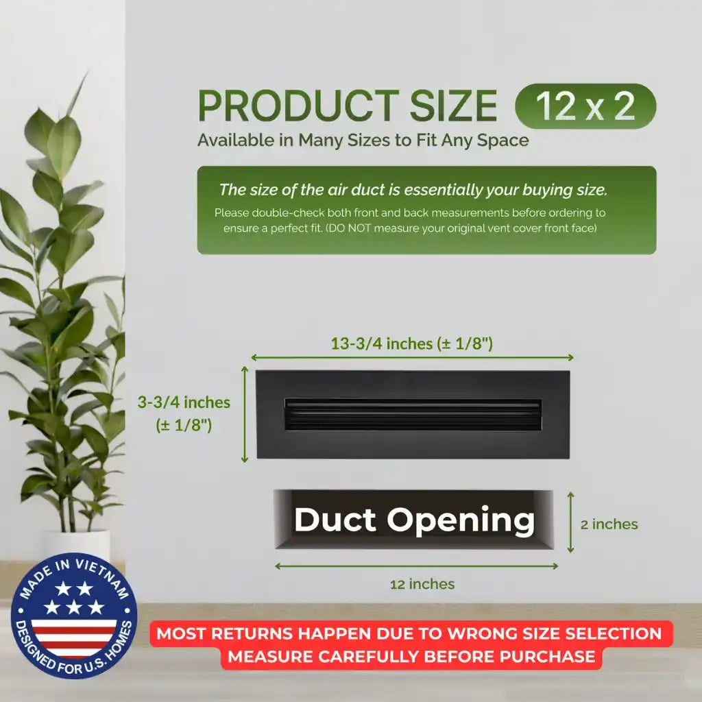 Air duct with dimensions and Aluminum Black Linear Slot Diffuser 12x2 size information on a light gray background