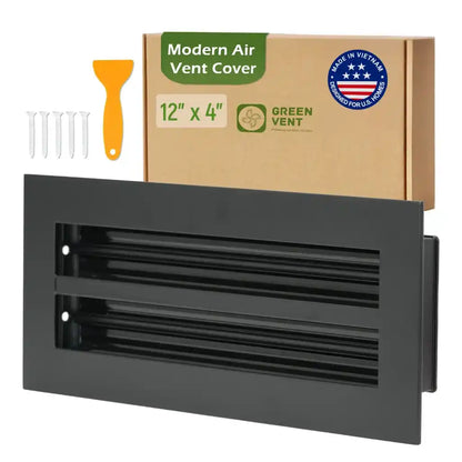 Aluminum Black Linear Slot Diffuser 12x4 with packaging labeled 'Modern Air Vent Cover' on a white background