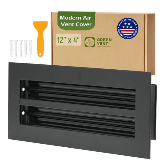 Aluminum Black Linear Slot Diffuser 12x4 with packaging labeled 'Modern Air Vent Cover' on a white background