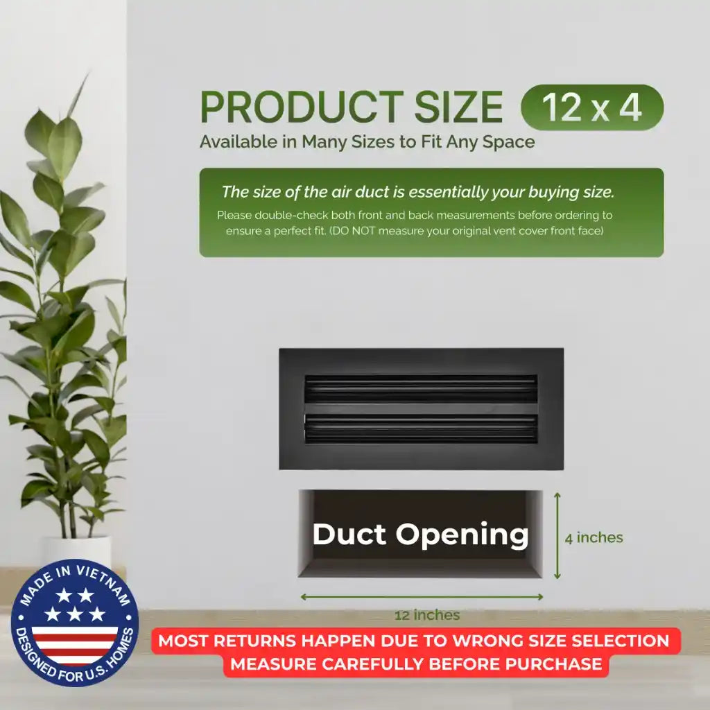 Air duct with dimensions and Aluminum Black Linear Slot Diffuser 12x4 size information on a light gray background