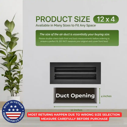Air duct with dimensions and Aluminum Black Linear Slot Diffuser 12x4 size information on a light gray background