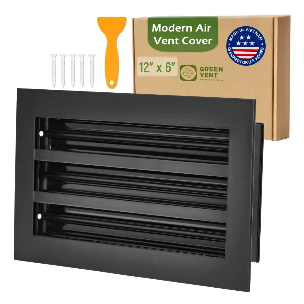 Aluminum Black Linear Slot Diffuser 12x6 with packaging labeled 'Modern Air Vent Cover' on a white background