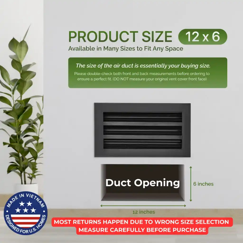 Air duct with dimensions and Aluminum Black Linear Slot Diffuser 12x6 size information on a light gray background