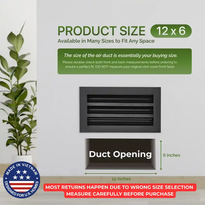 Air duct with dimensions and Aluminum Black Linear Slot Diffuser 12x6 size information on a light gray background