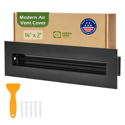 Aluminum Black Linear Slot Diffuser 14x2 with packaging labeled 'Modern Air Vent Cover' on a white background