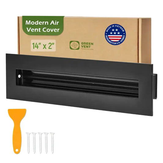 Aluminum Black Linear Slot Diffuser 14x2 with packaging labeled 'Modern Air Vent Cover' on a white background