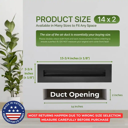 Air duct with dimensions and Aluminum Black Linear Slot Diffuser 14x2 size information on a light gray background