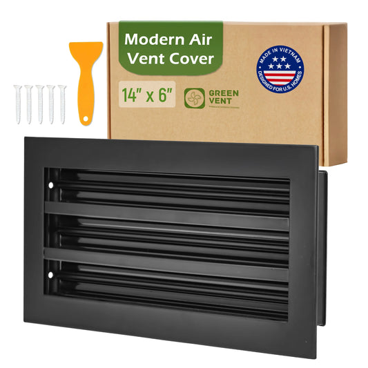 Aluminum Black Linear Slot Diffuser 14x6 with packaging labeled 'Modern Air Vent Cover' on a white background