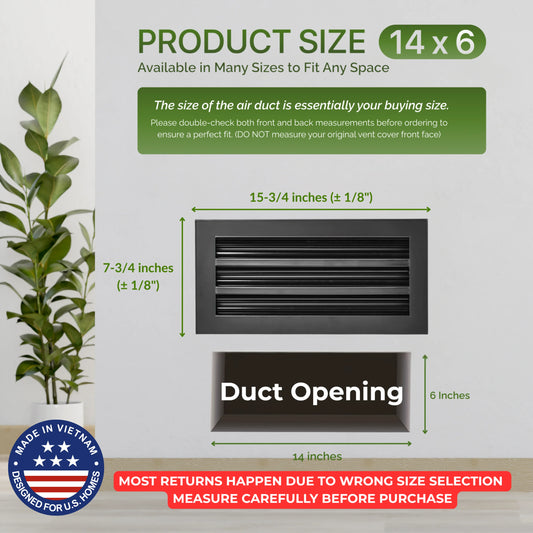 Air duct with dimensions and Aluminum Black Linear Slot Diffuser 14x6 size information on a light gray background